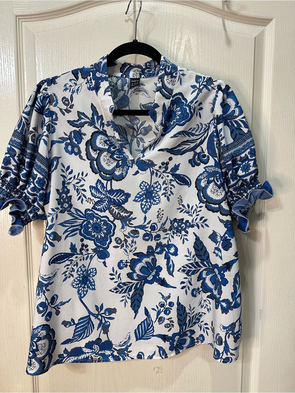 SHEIN White Top with Blue Floral Print and Puff Sleeves